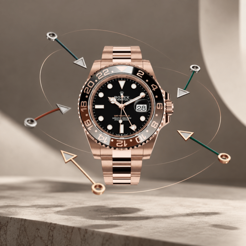 Composición ilustrativa de un reloj GMT con bisel de 24 horas y agujas decorativas de punta triangular alrededor.