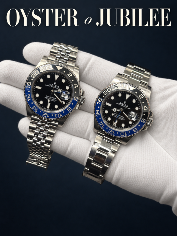 Dos Rolex GMT-Master II con brazaletes Jubilee y Oyster colocados uno junto al otro