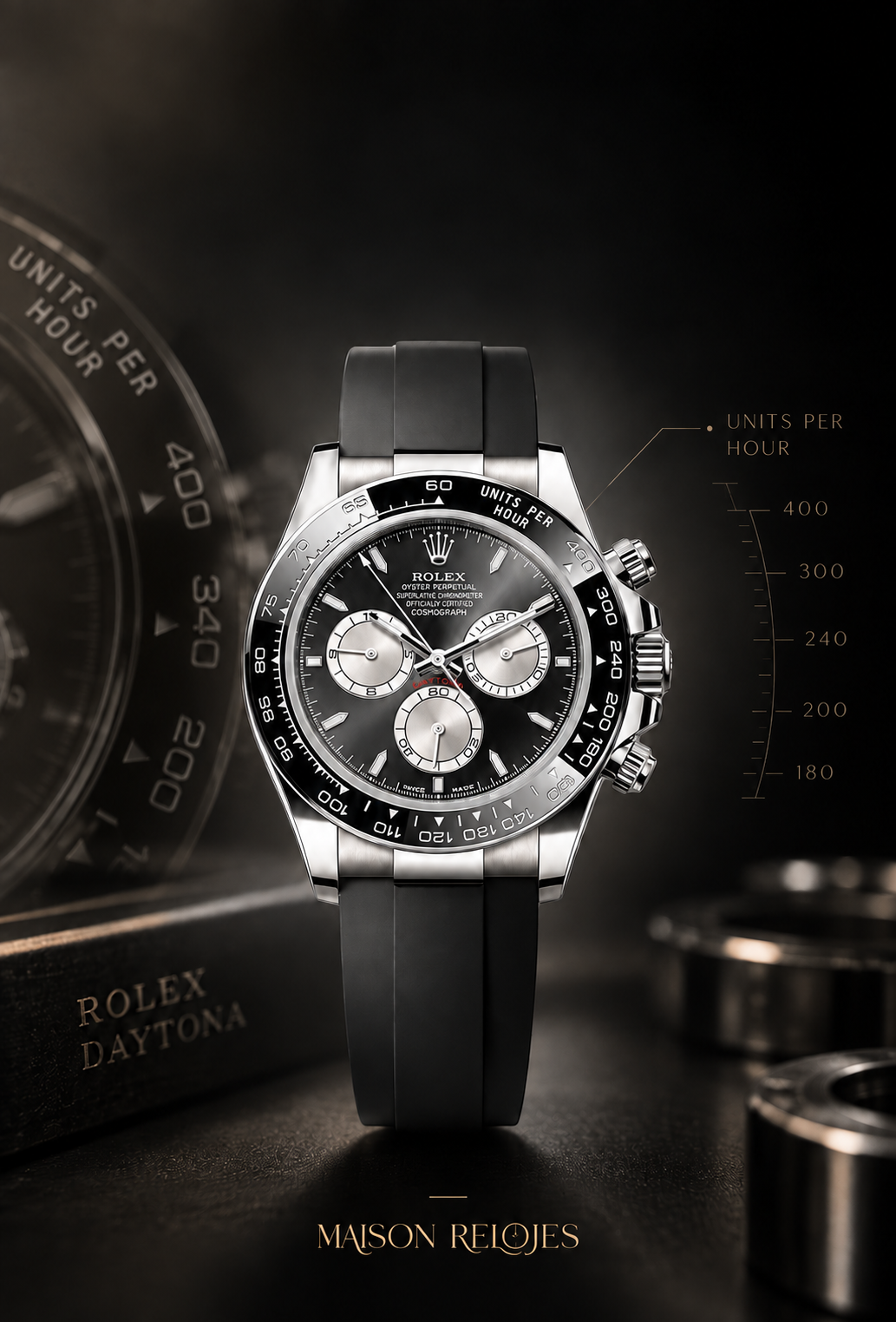 Rolex Daytona con escala taquimétrica y guía de unidades por hora en una composición sobre fondo negro