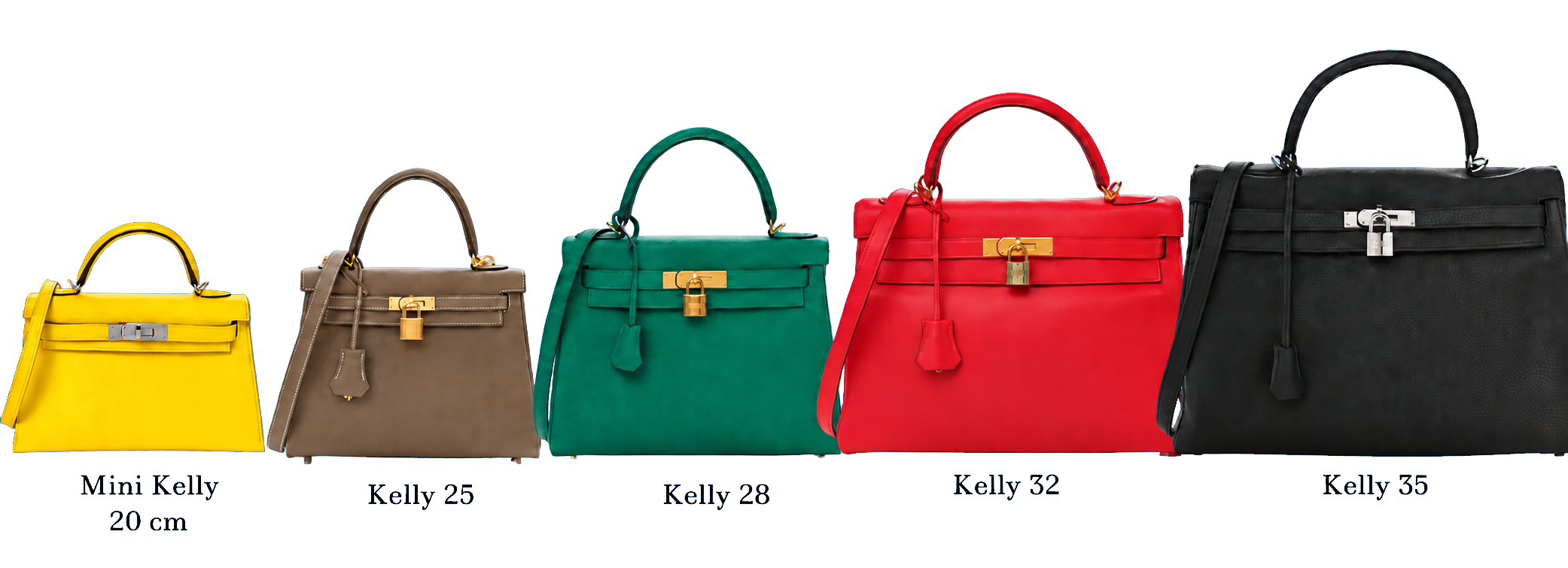 Comparativa de tamaños de bolsos Kelly Hermès: Mini Kelly 20, Kelly 25, Kelly 28, Kelly 32 y Kelly 35
