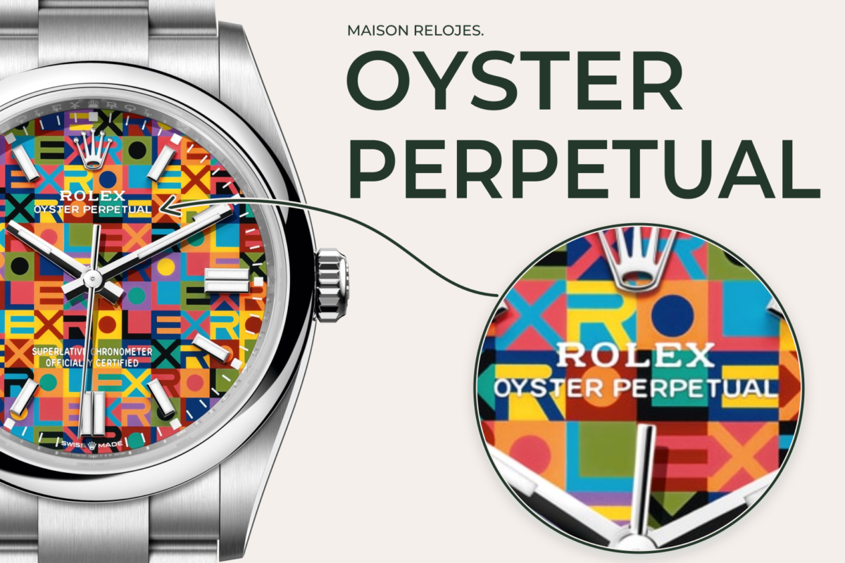 Composición gráfica con un Rolex de esfera multicolor y ampliación de la inscripción Oyster Perpetual