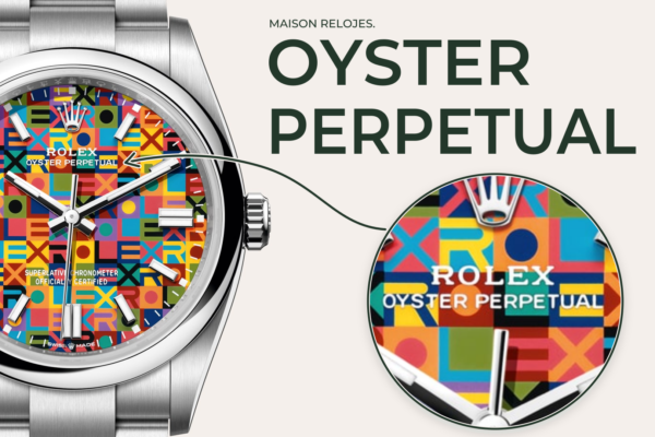 Composición gráfica con un Rolex de esfera multicolor y ampliación de la inscripción Oyster Perpetual