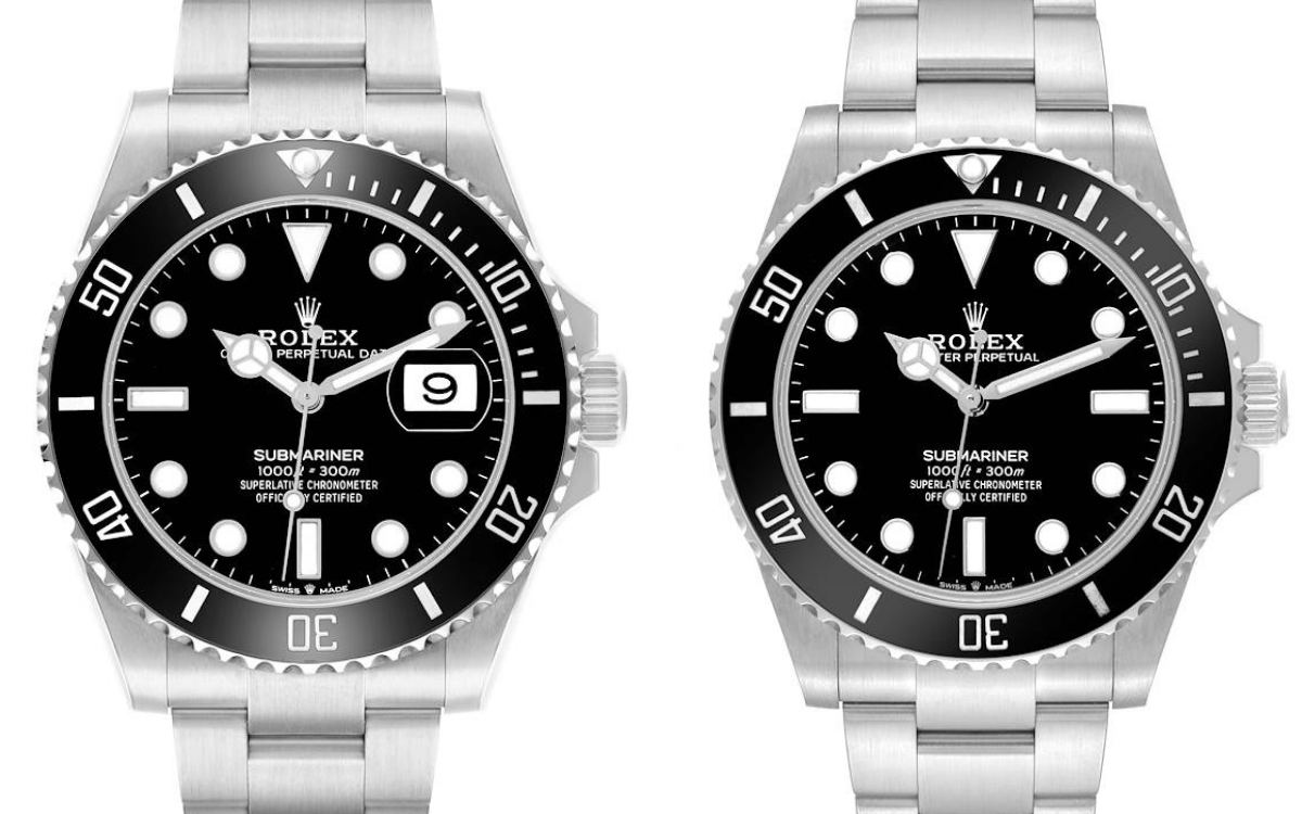 Rolex Submariner Date 126610LN a la izquierda y Submariner 124060 sin fecha a la derecha, ambos negros y de acero