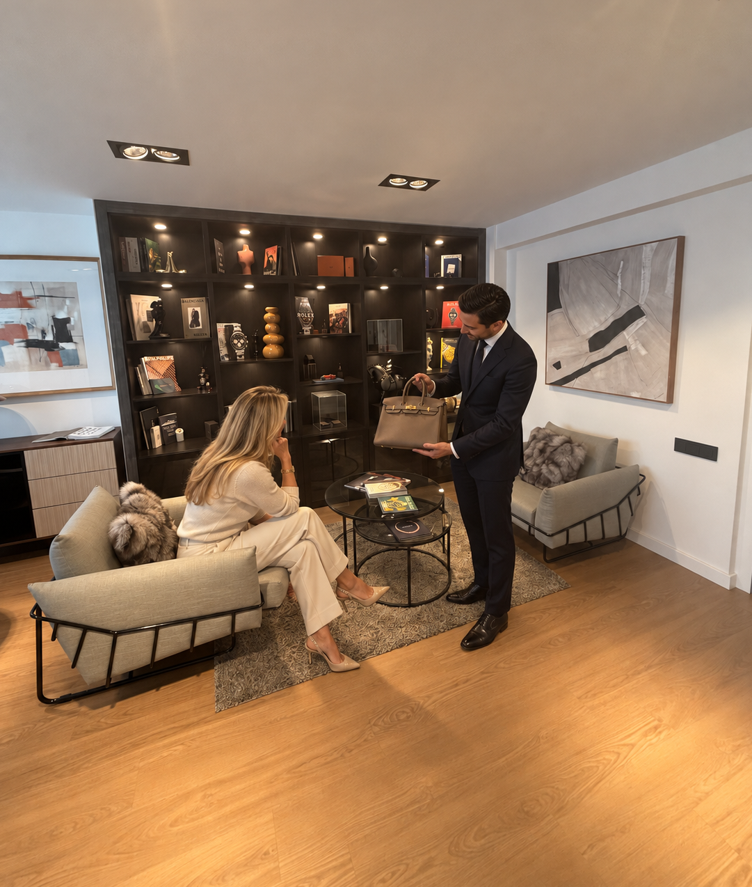 Asesor de Maison Relojes mostrando un bolso Hermès en el showroom de Valencia