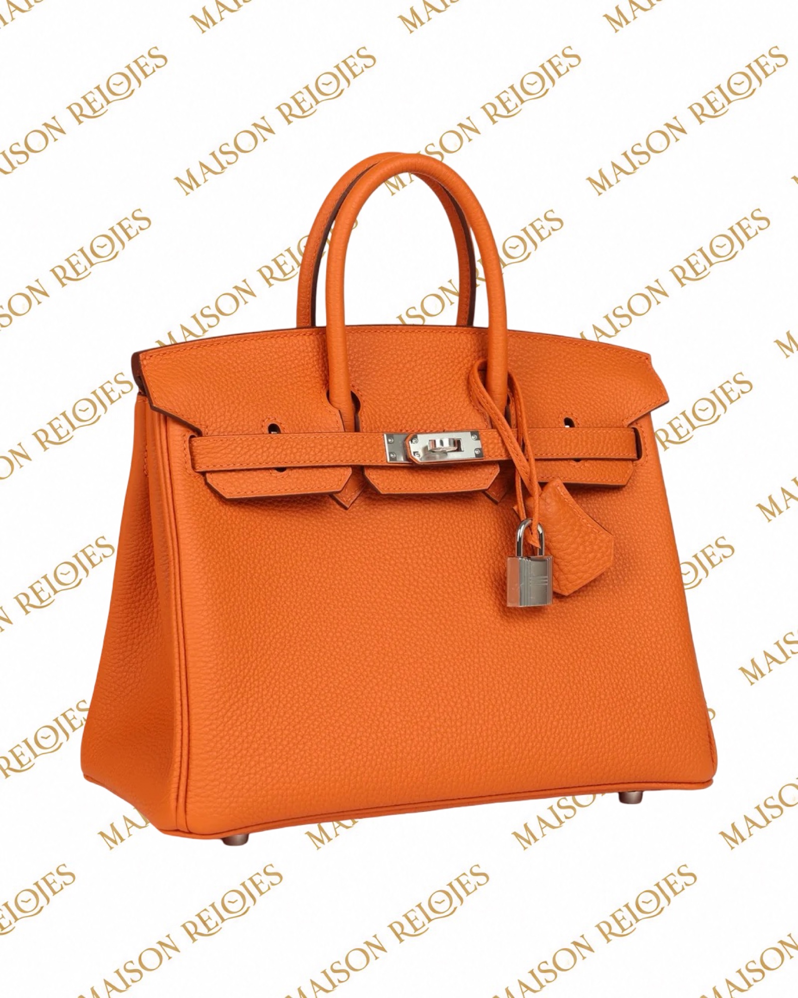 Hermès Birkin 25 Orange Minium en piel Togo con herrajes de paladio PHW — vista tres cuartos izquierda