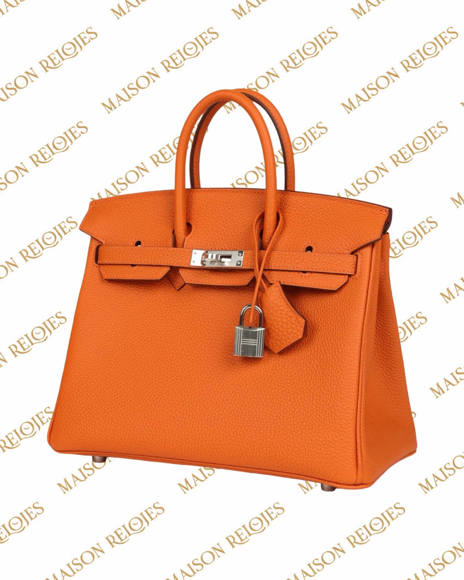 Hermès Birkin 25 Orange Minium en piel Togo con herrajes de paladio PHW — vista tres cuartos derecha