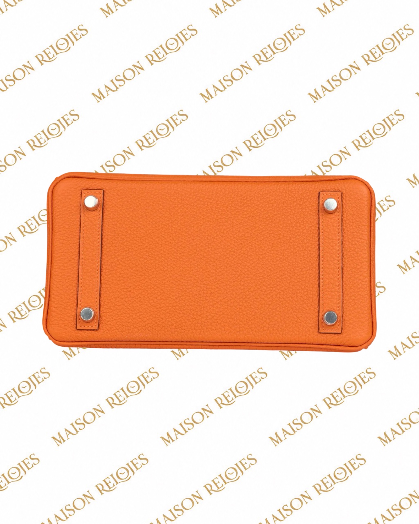 Hermès Birkin 25 Orange Minium en piel Togo con herrajes de paladio PHW — detalle de la base
