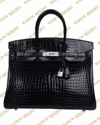 Hermès Birkin 35 Bleu Marine en cocodrilo Porosus brillante con herrajes de oro blanco 18K y diamantes — vista frontal