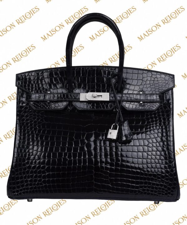 Hermès Birkin 35 Bleu Marine en cocodrilo Porosus brillante con herrajes de oro blanco 18K y diamantes — vista frontal