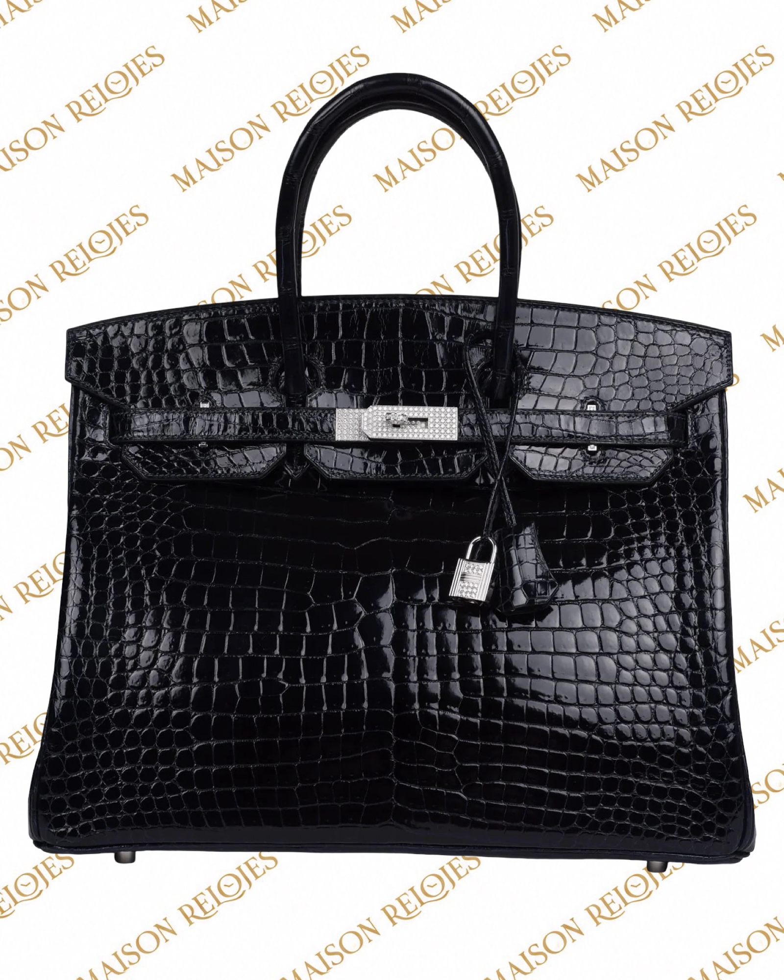 Hermès Birkin 35 Bleu Marine en cocodrilo Porosus brillante con herrajes de oro blanco 18K y diamantes — vista frontal