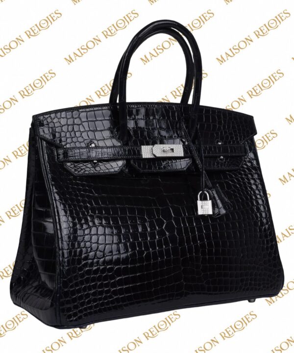 Hermès Birkin 35 Bleu Marine en cocodrilo Porosus brillante con herrajes de oro blanco 18K y diamantes — vista tres cuartos izquierda
