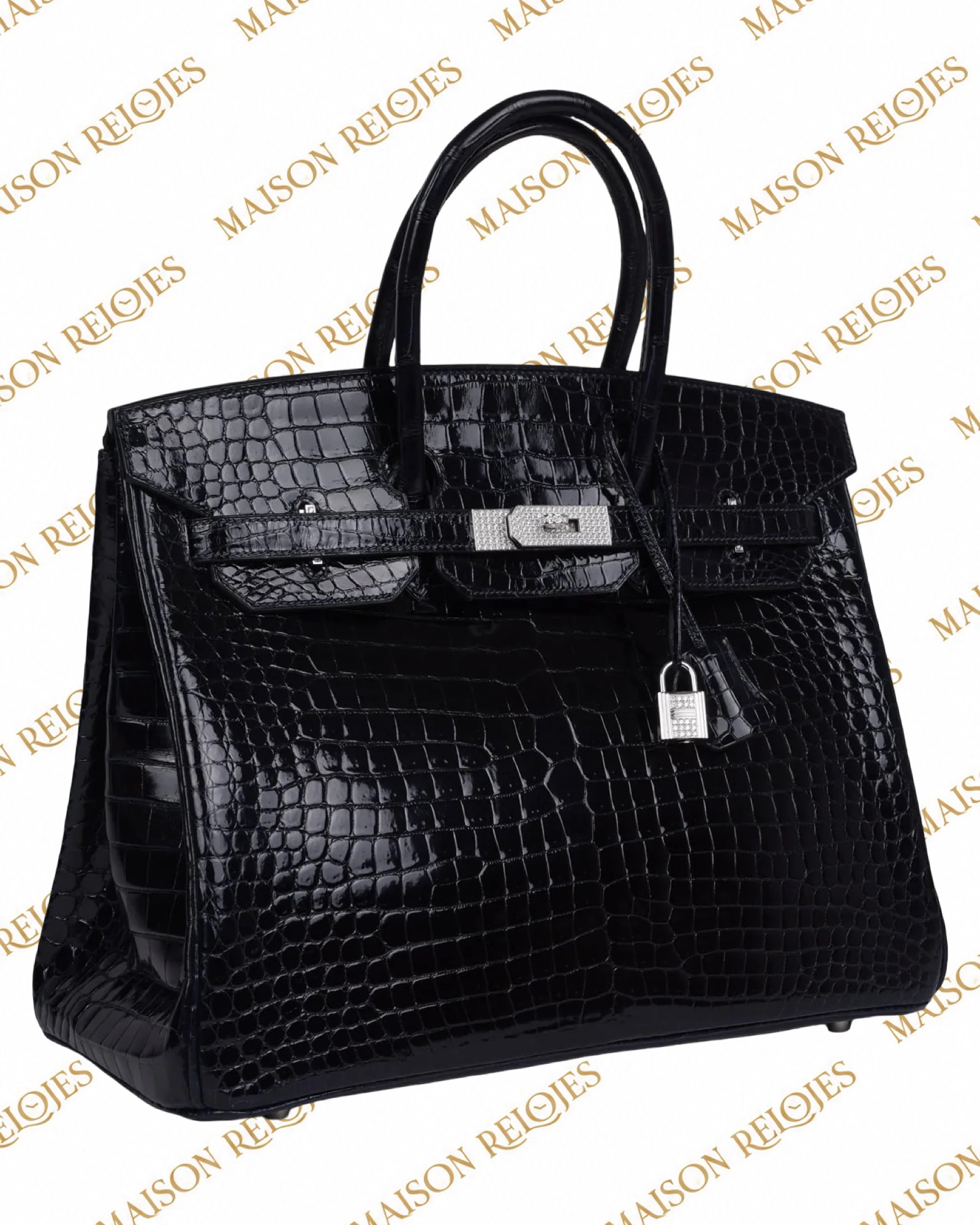 Hermès Birkin 35 Bleu Marine en cocodrilo Porosus brillante con herrajes de oro blanco 18K y diamantes — vista tres cuartos izquierda