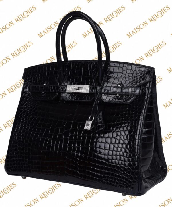 Hermès Birkin 35 Bleu Marine en cocodrilo Porosus brillante con herrajes de oro blanco 18K y diamantes — vista tres cuartos derecha