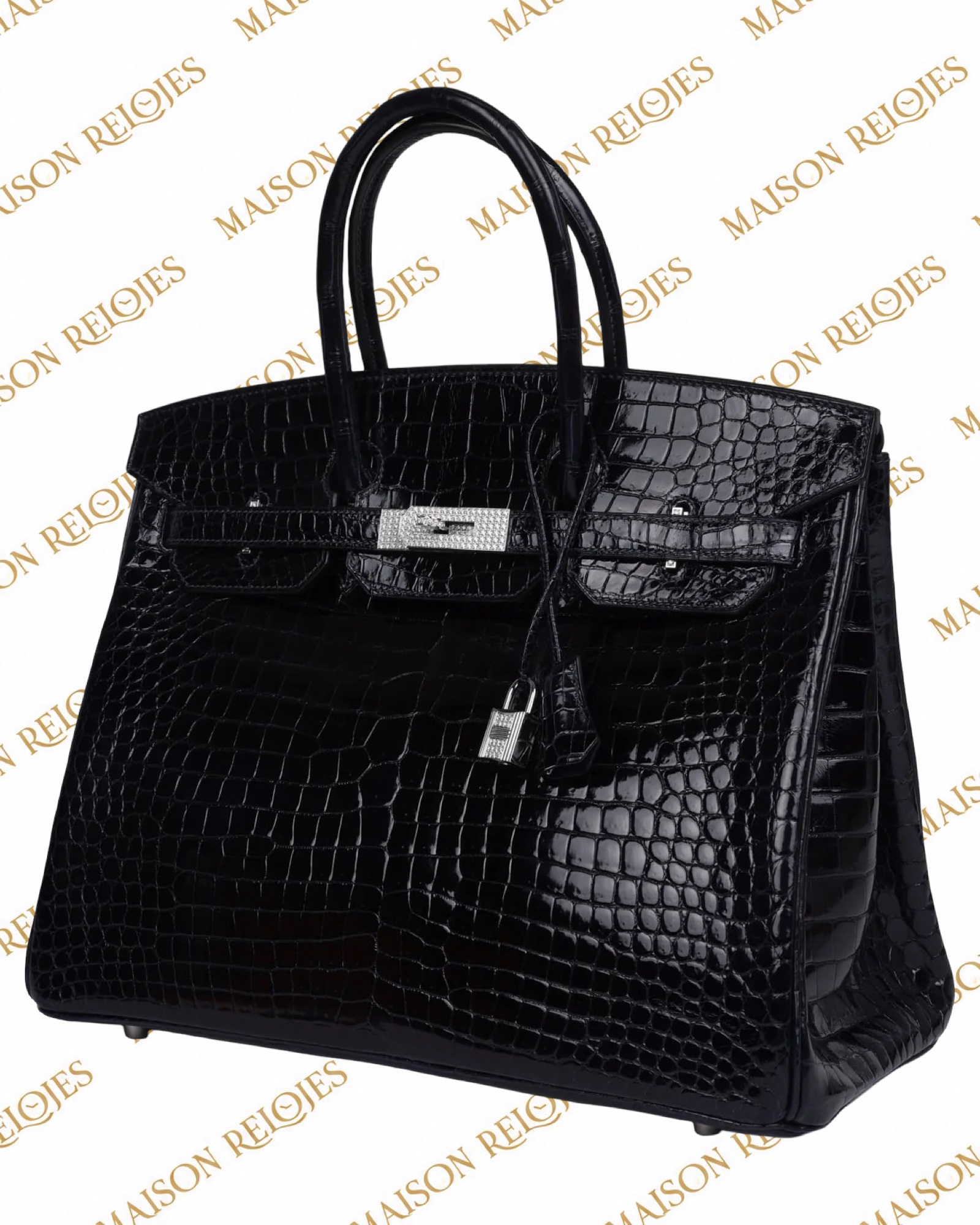 Hermès Birkin 35 Bleu Marine en cocodrilo Porosus brillante con herrajes de oro blanco 18K y diamantes — vista tres cuartos derecha
