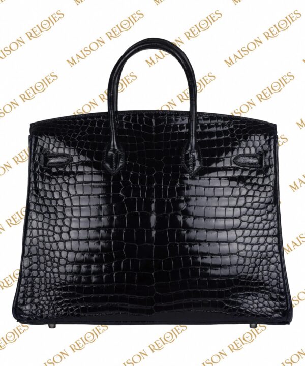 Hermès Birkin 35 Bleu Marine en cocodrilo Porosus brillante con herrajes de oro blanco 18K y diamantes — vista trasera