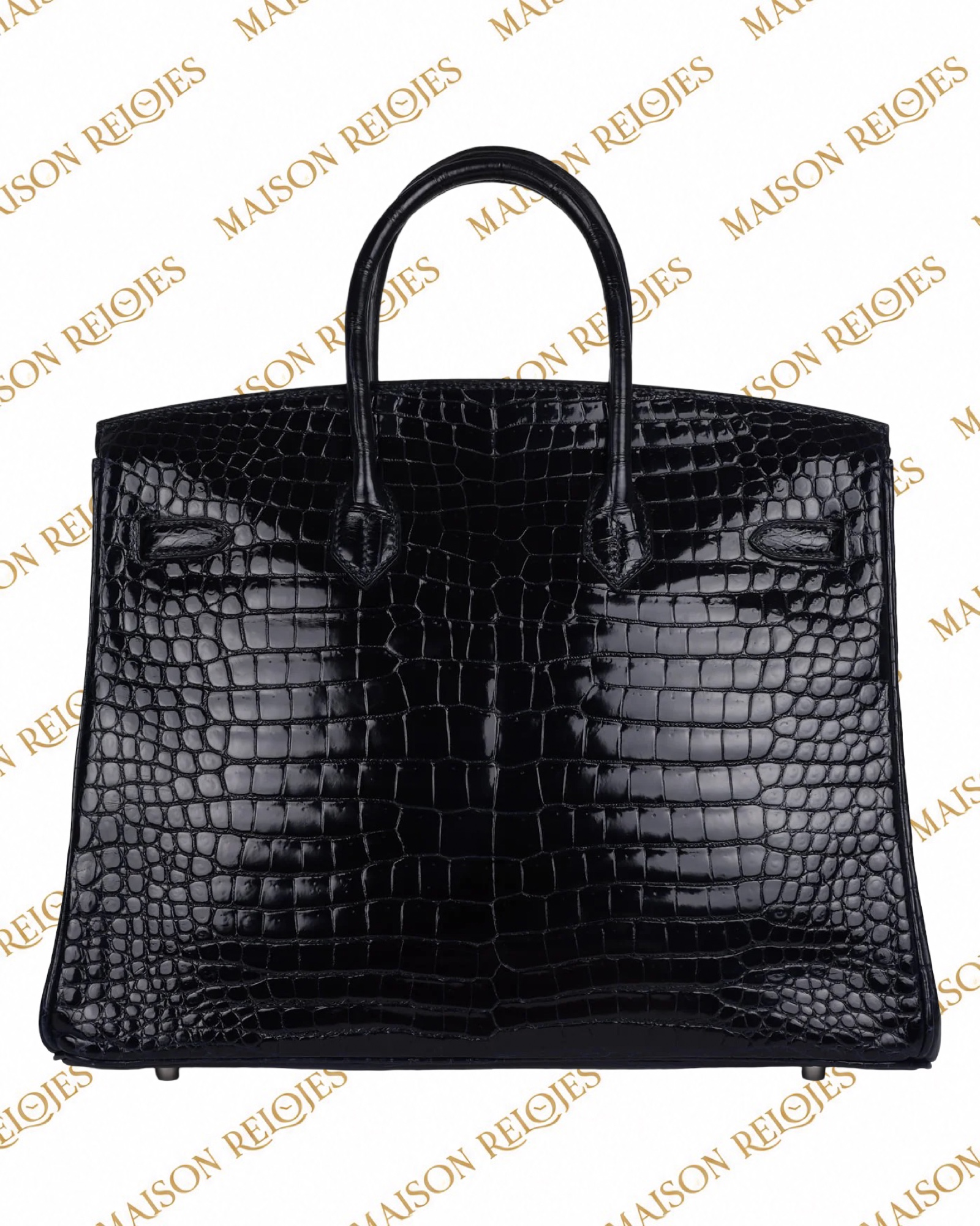 Hermès Birkin 35 Bleu Marine en cocodrilo Porosus brillante con herrajes de oro blanco 18K y diamantes — vista trasera
