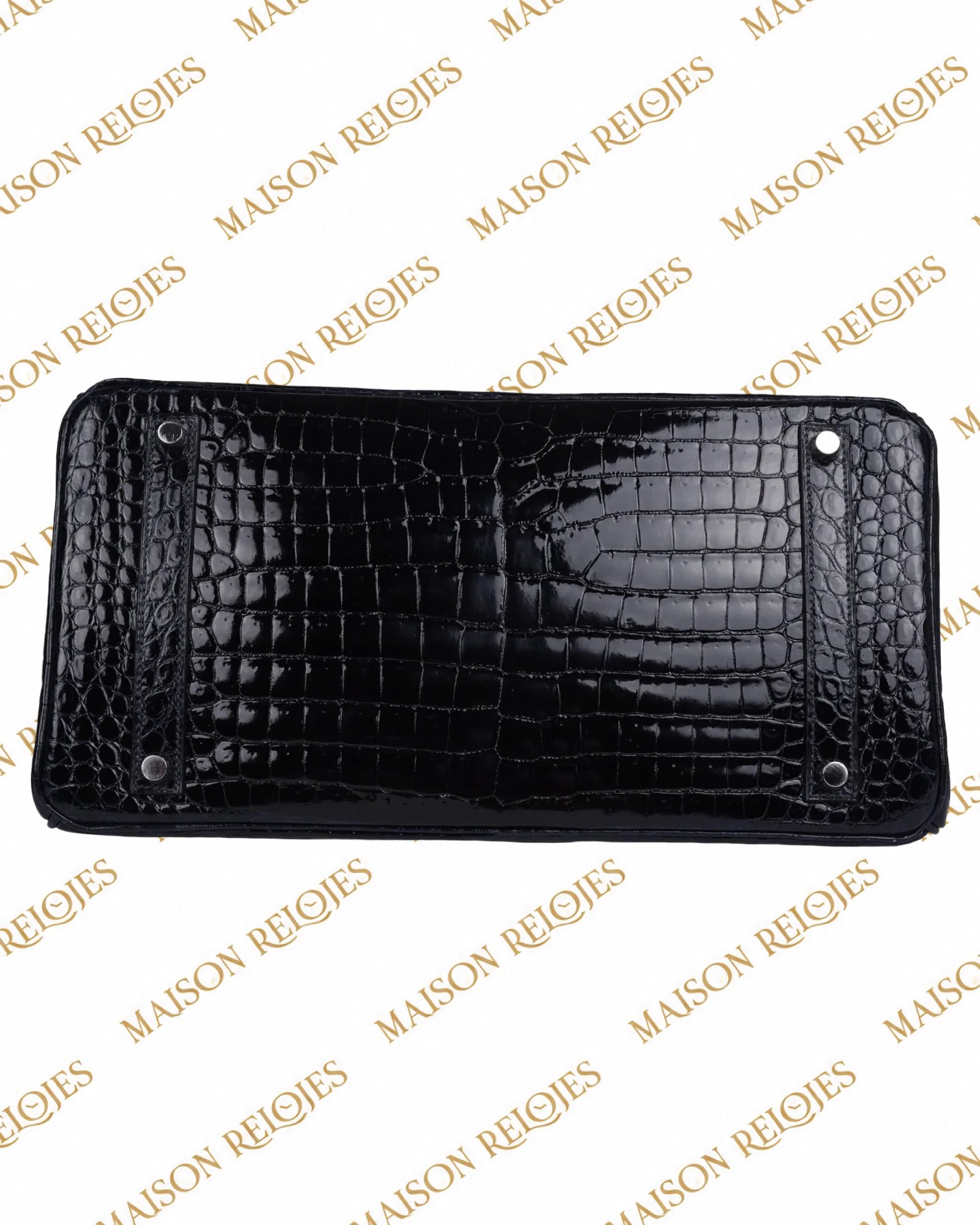 Hermès Birkin 35 Bleu Marine en cocodrilo Porosus brillante con herrajes de oro blanco 18K y diamantes — detalle de la base