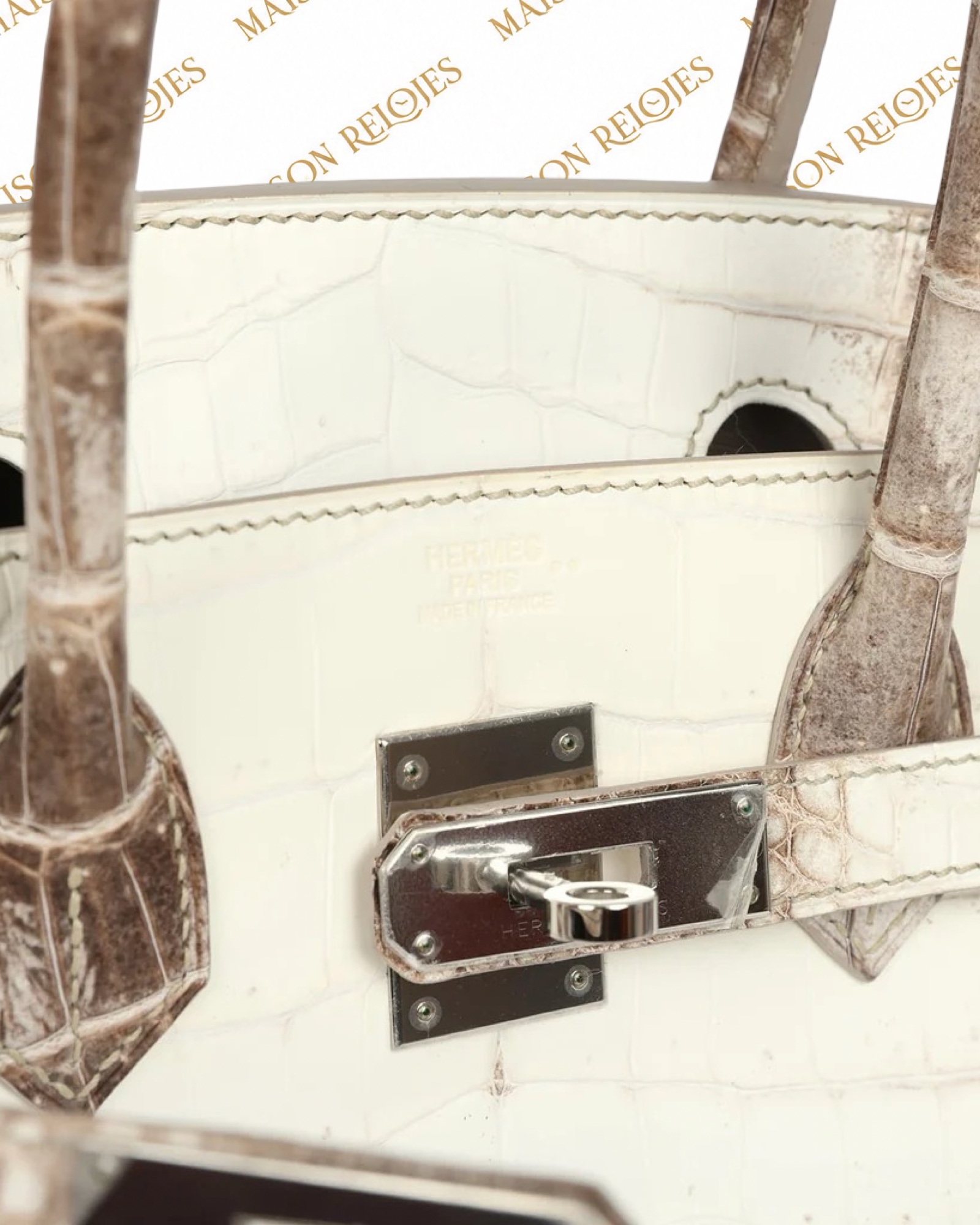Hermès Birkin 30 Himalaya de cocodrilo Niloticus — detalle del cierre de paladio PHW