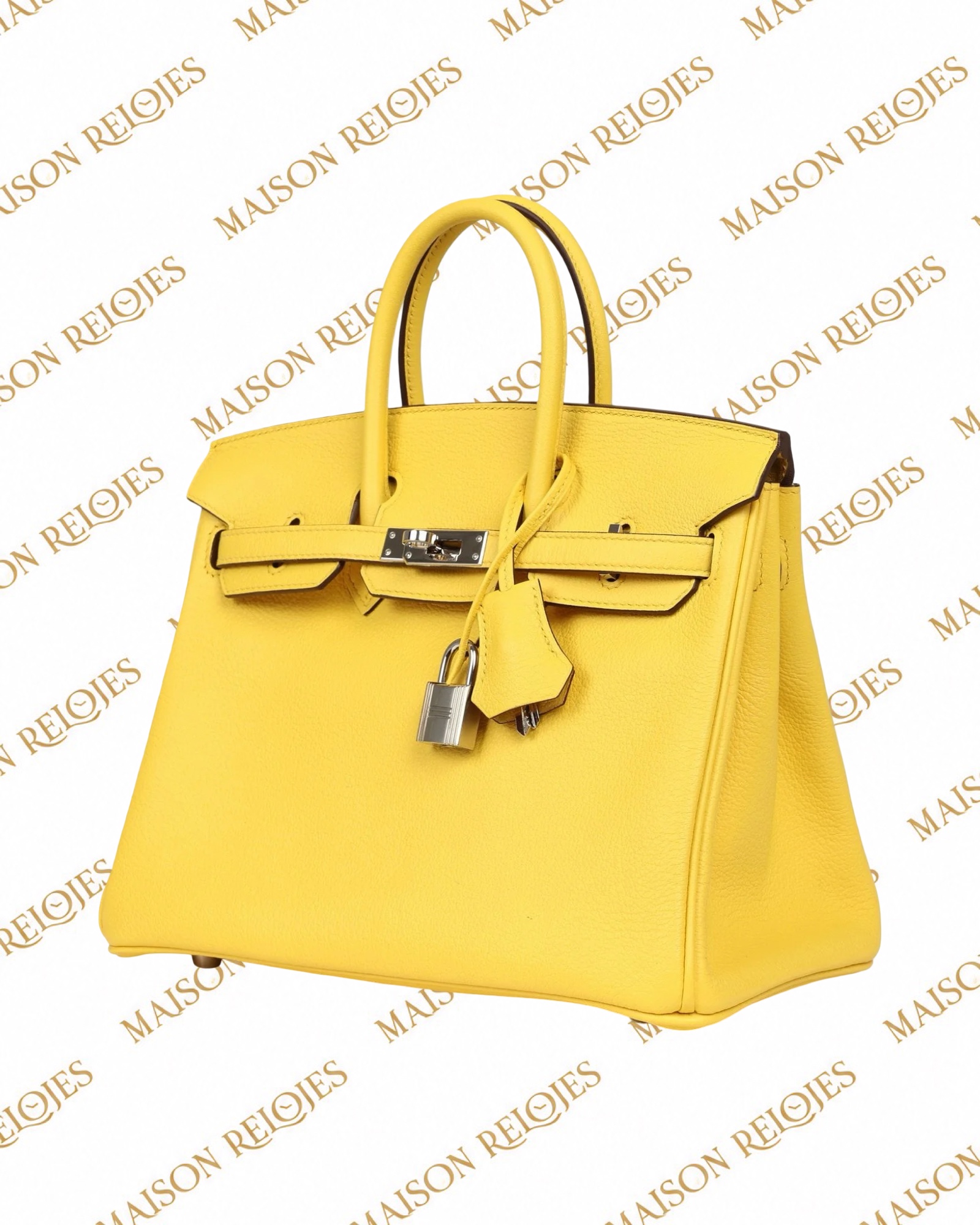 Hermès Birkin 25 Jaune de Naples Novillo PHW — vista tres cuartos izquierda