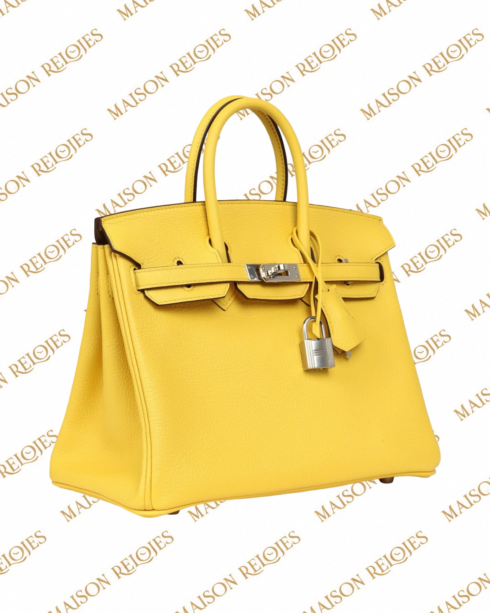 Hermès Birkin 25 Jaune de Naples Novillo PHW — vista tres cuartos derecha