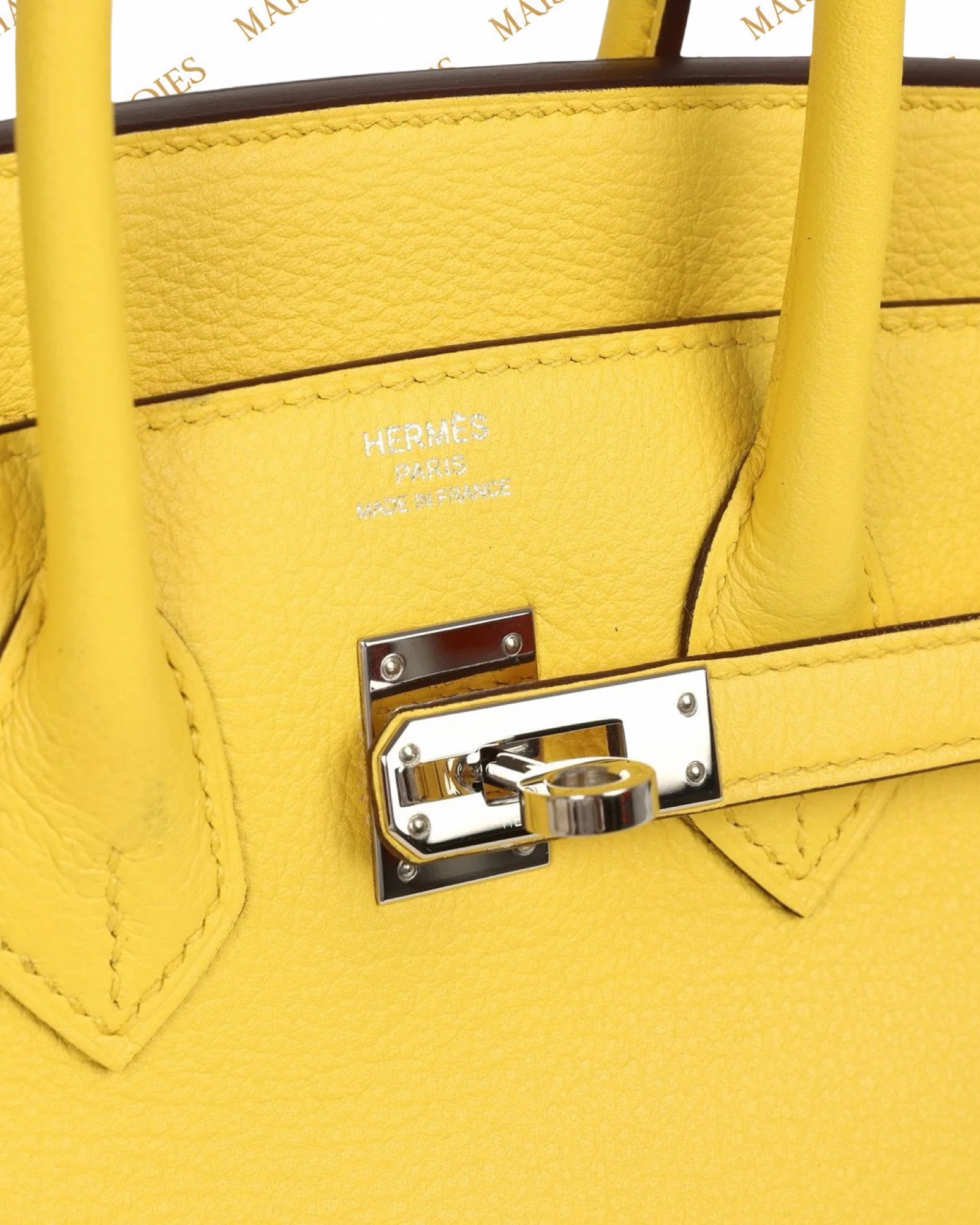 Hermès Birkin 25 Jaune de Naples Novillo PHW — detalle del cierre y sello