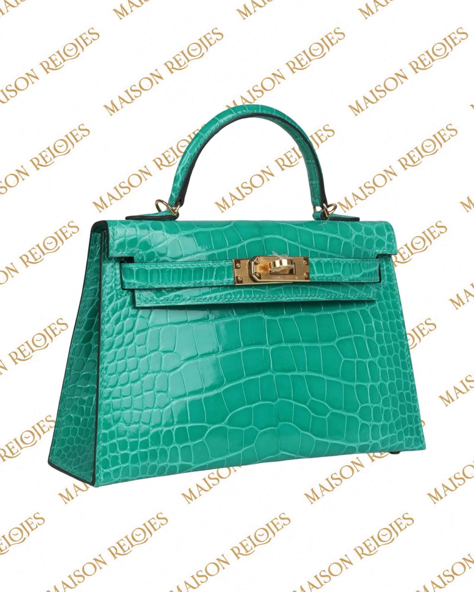 Hermès Mini Kelly 20 Sellier Vert Jade en aligátor brillante con herrajes dorados GHW — vista frontal