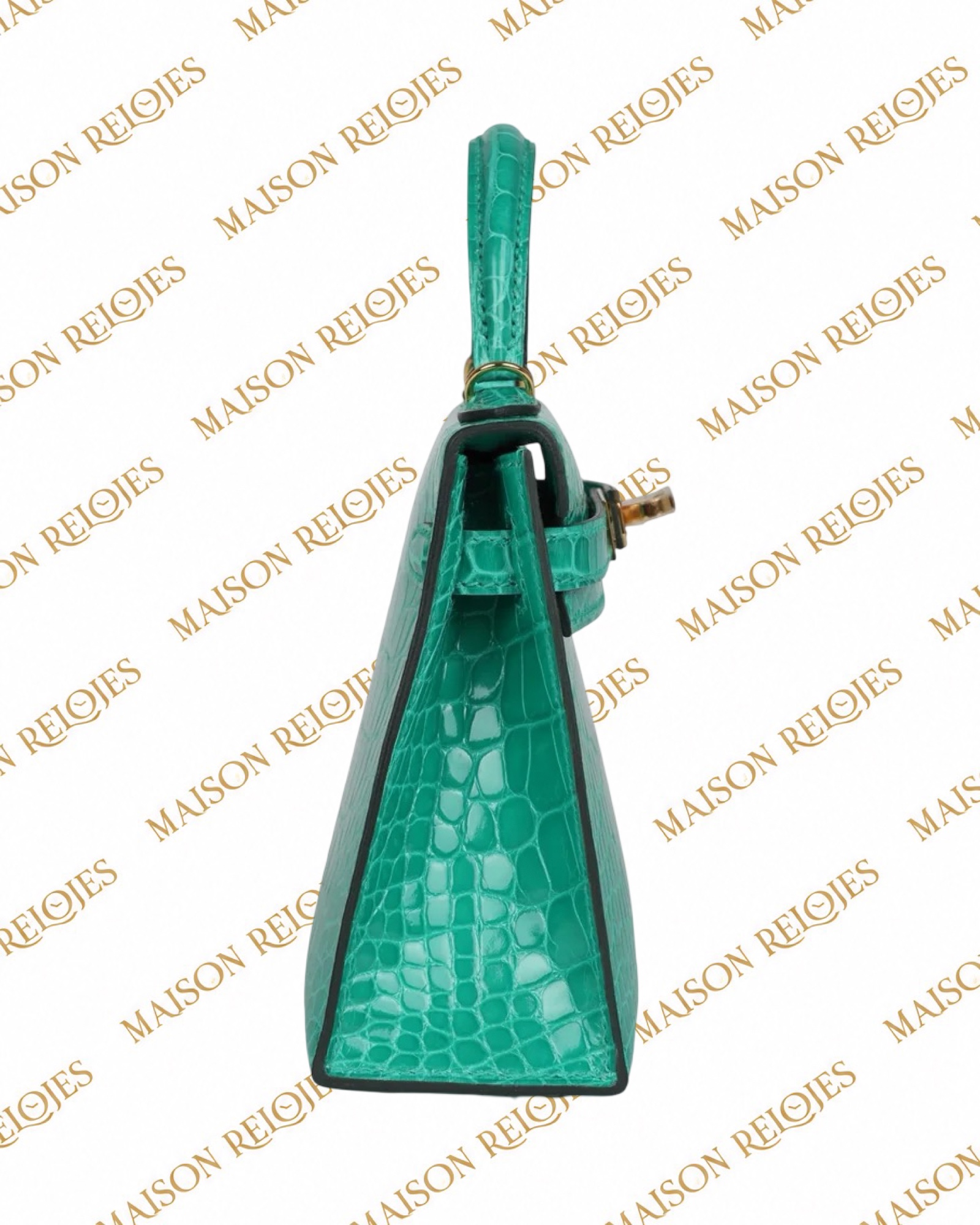 Hermès Mini Kelly 20 Sellier Vert Jade en aligátor brillante con herrajes dorados GHW — vista lateral