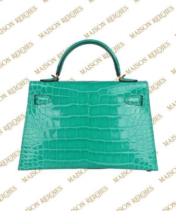 Hermès Mini Kelly 20 Sellier Vert Jade en aligátor brillante con herrajes dorados GHW — vista trasera