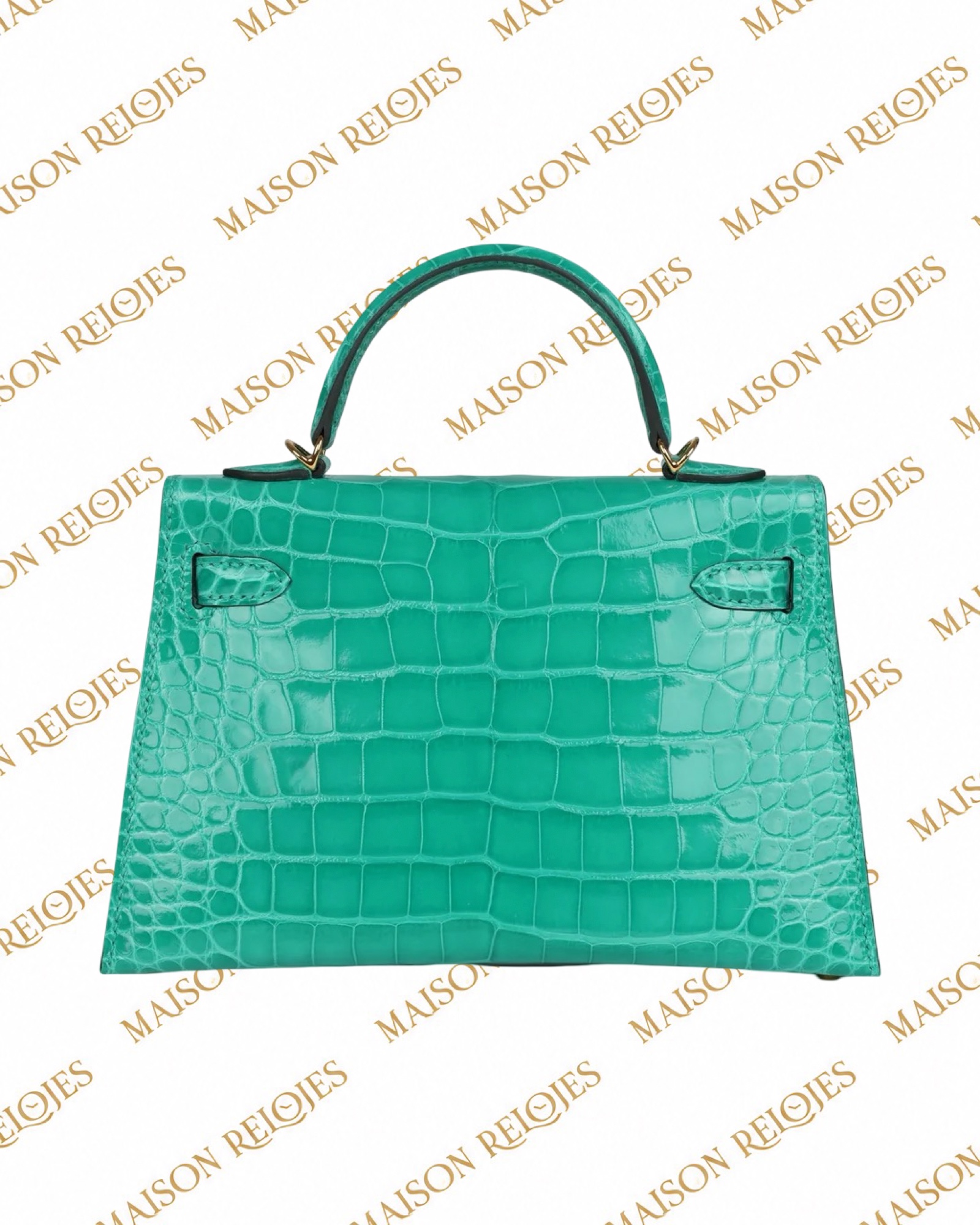 Hermès Mini Kelly 20 Sellier Vert Jade en aligátor brillante con herrajes dorados GHW — vista trasera