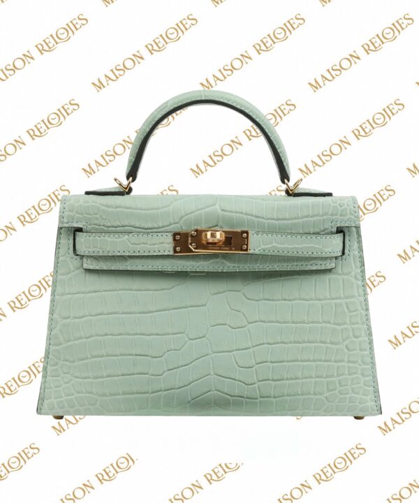 Hermès Mini Kelly 20 Sellier Vert d’Eau en cocodrilo Porosus mate con herrajes dorados GHW — vista frontal