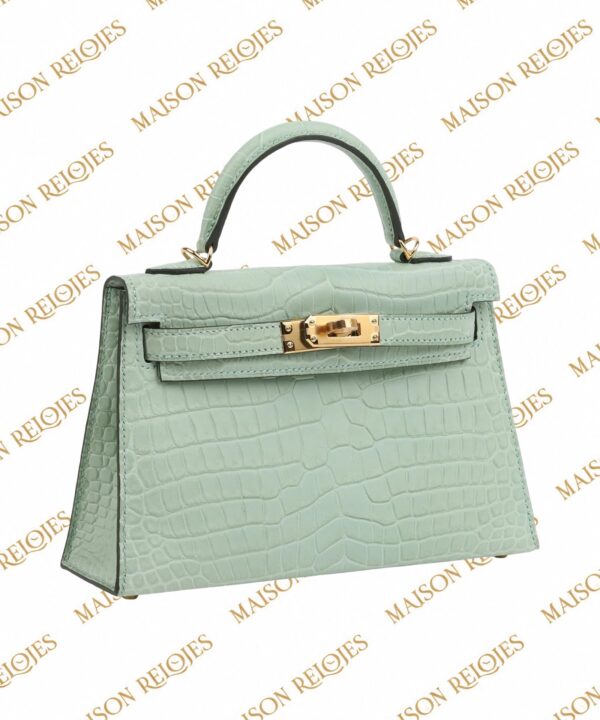 Hermès Mini Kelly 20 Sellier Vert d’Eau en cocodrilo Porosus mate con herrajes dorados GHW — vista tres cuartos izquierda