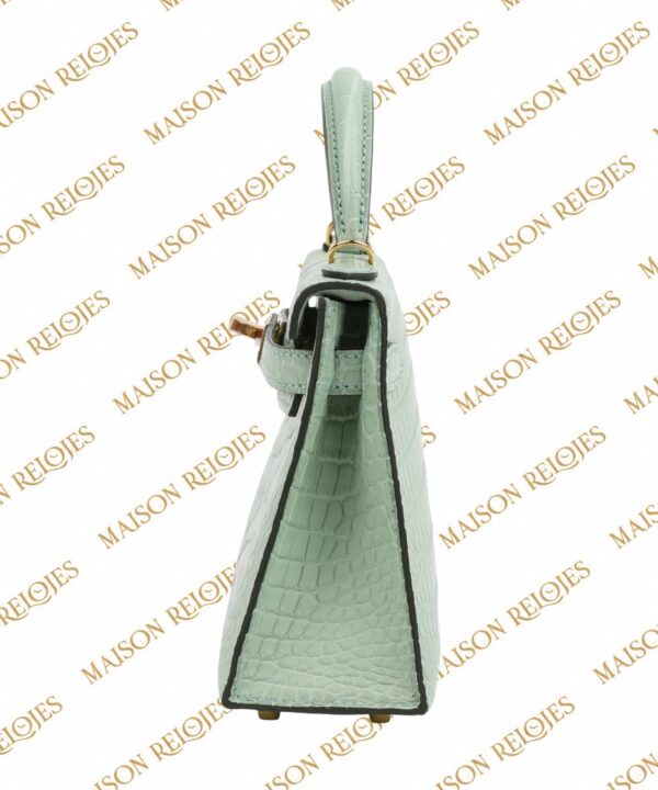 Hermès Mini Kelly 20 Sellier Vert d’Eau en cocodrilo Porosus mate con herrajes dorados GHW — vista lateral