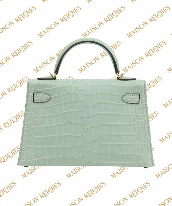 Hermès Mini Kelly 20 Sellier Vert d’Eau en cocodrilo Porosus mate con herrajes dorados GHW — vista trasera