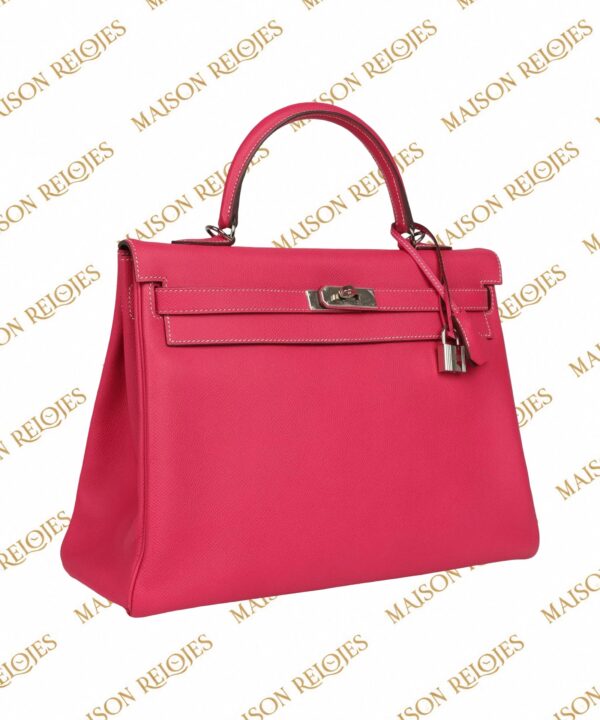 Hermès Candy Kelly 35 Retourne Rose Tyrien en piel Epsom con herrajes de paladio PHW Pre-Owned — vista tres cuartos izquierda