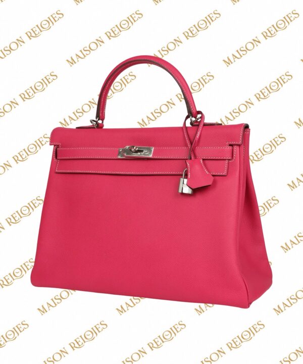 Hermès Candy Kelly 35 Retourne Rose Tyrien en piel Epsom con herrajes de paladio PHW Pre-Owned — vista tres cuartos derecha