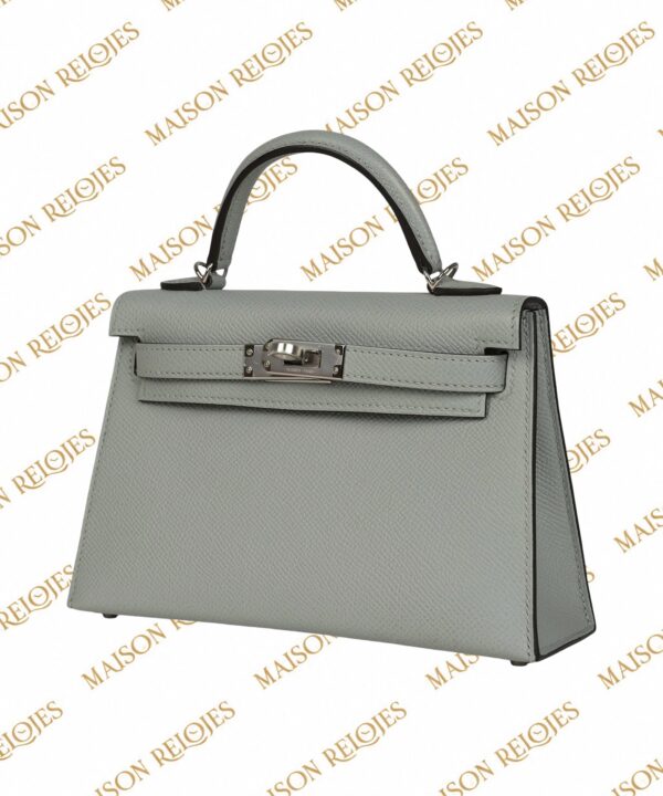 Hermès Mini Kelly 20 Sellier Bleu Glacier en piel Epsom con herrajes de paladio PHW — vista tres cuartos derecha