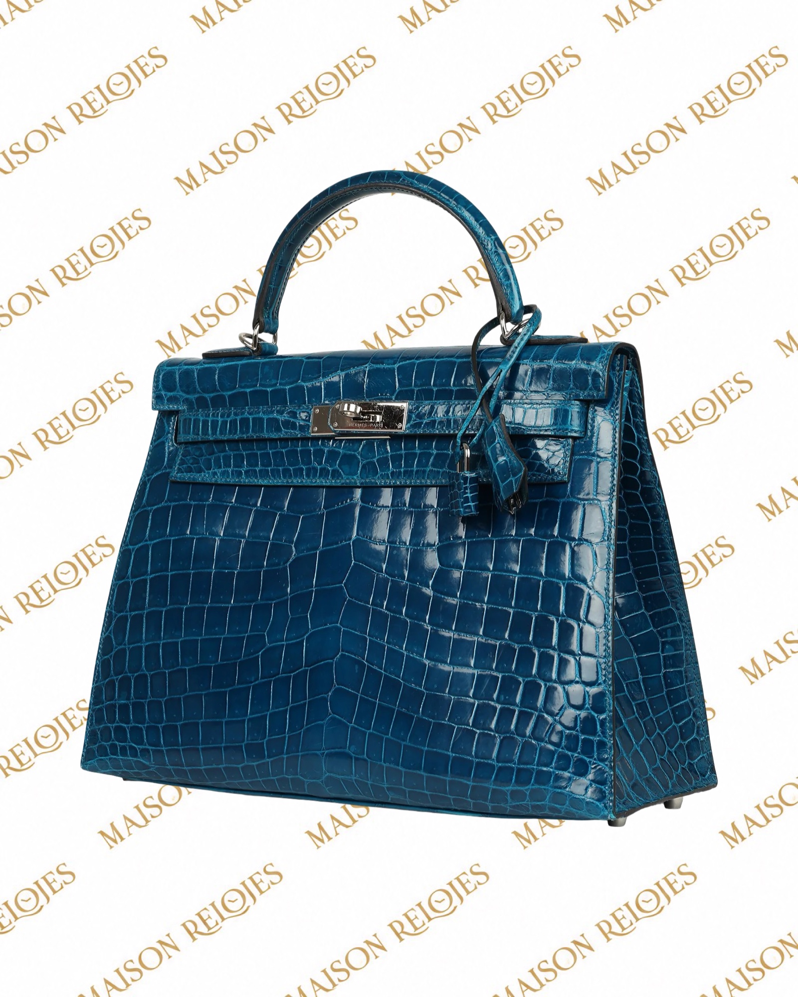 Hermès Kelly 32 Sellier / Bleu Izmir / Cocodrilo Niloticus brillante / PHW - Imagen 3
