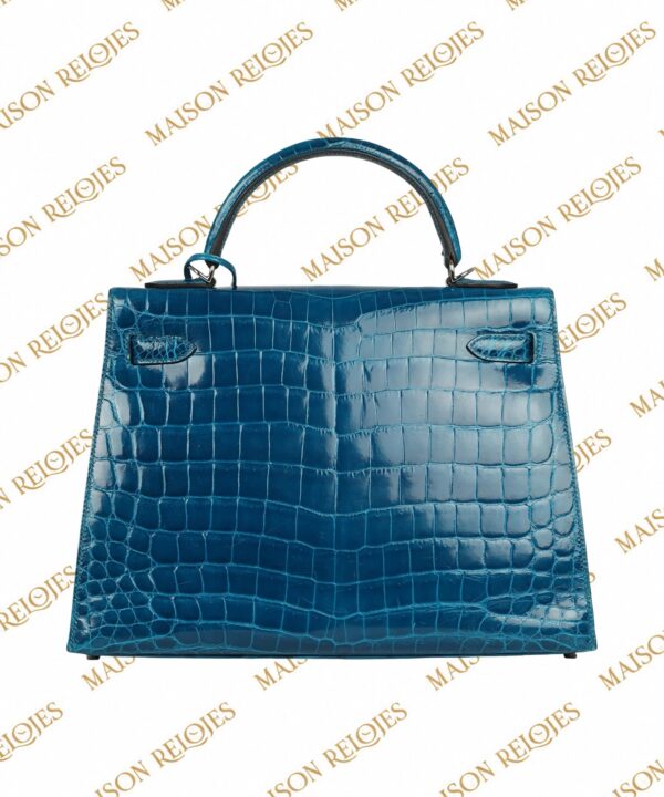 Hermès Kelly 32 Sellier / Bleu Izmir / Cocodrilo Niloticus brillante / PHW - Imagen 4