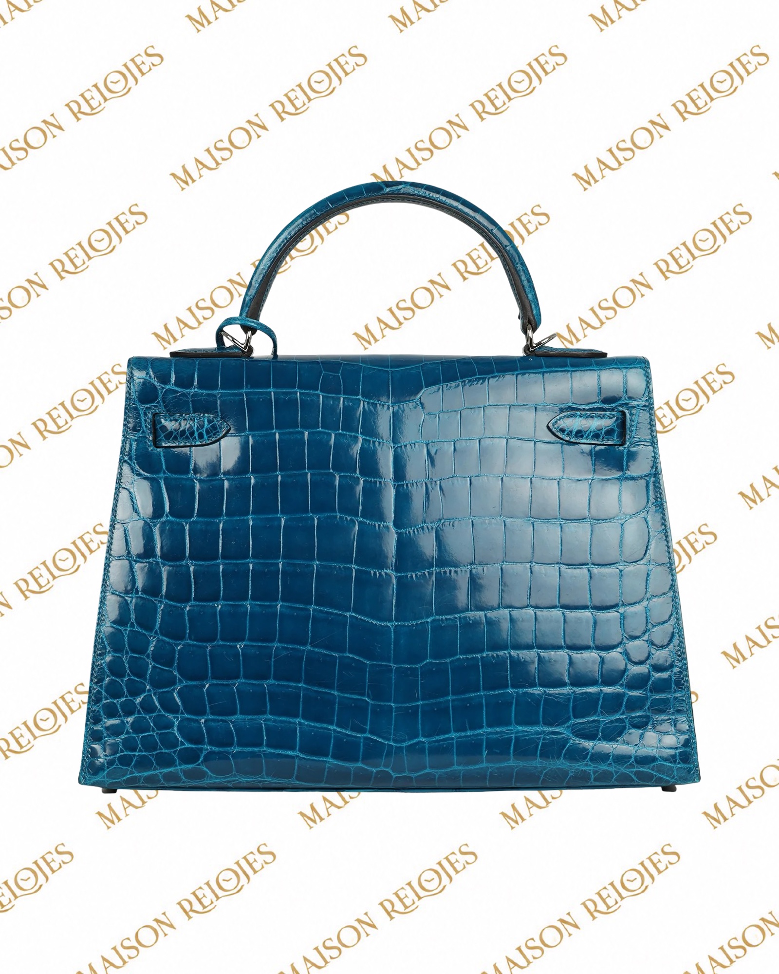 Hermès Kelly 32 Sellier / Bleu Izmir / Cocodrilo Niloticus brillante / PHW - Imagen 4