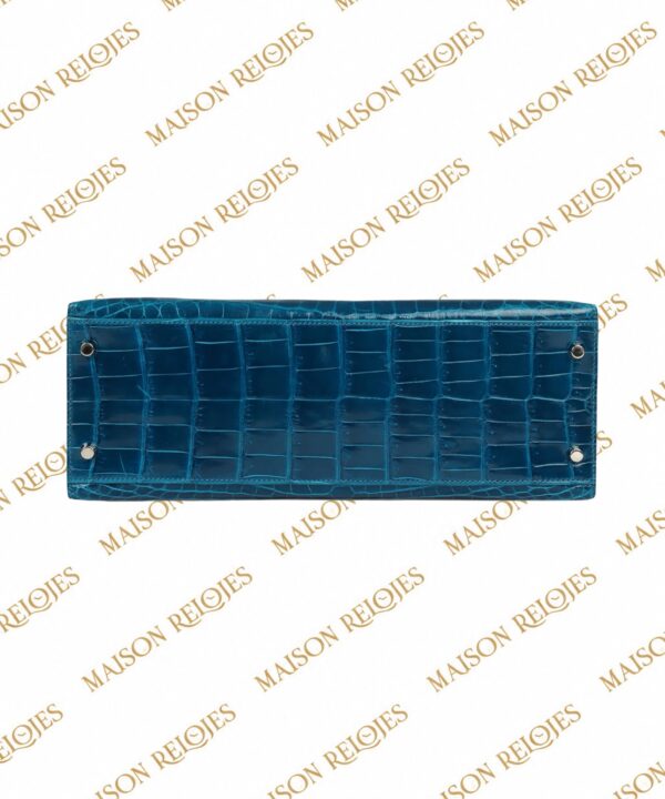 Hermès Kelly 32 Sellier / Bleu Izmir / Cocodrilo Niloticus brillante / PHW - Imagen 6