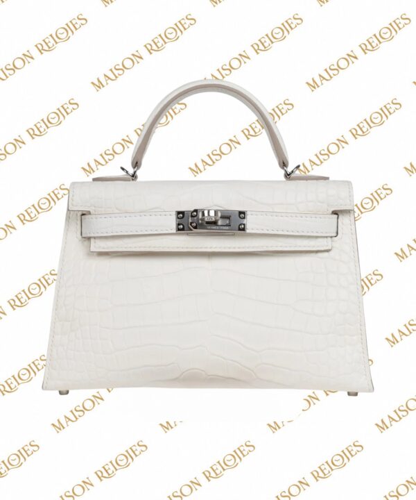 Hermès Mini Kelly 20 Sellier Crème Chantilly en aligátor mate con herrajes de paladio PHW — vista frontal