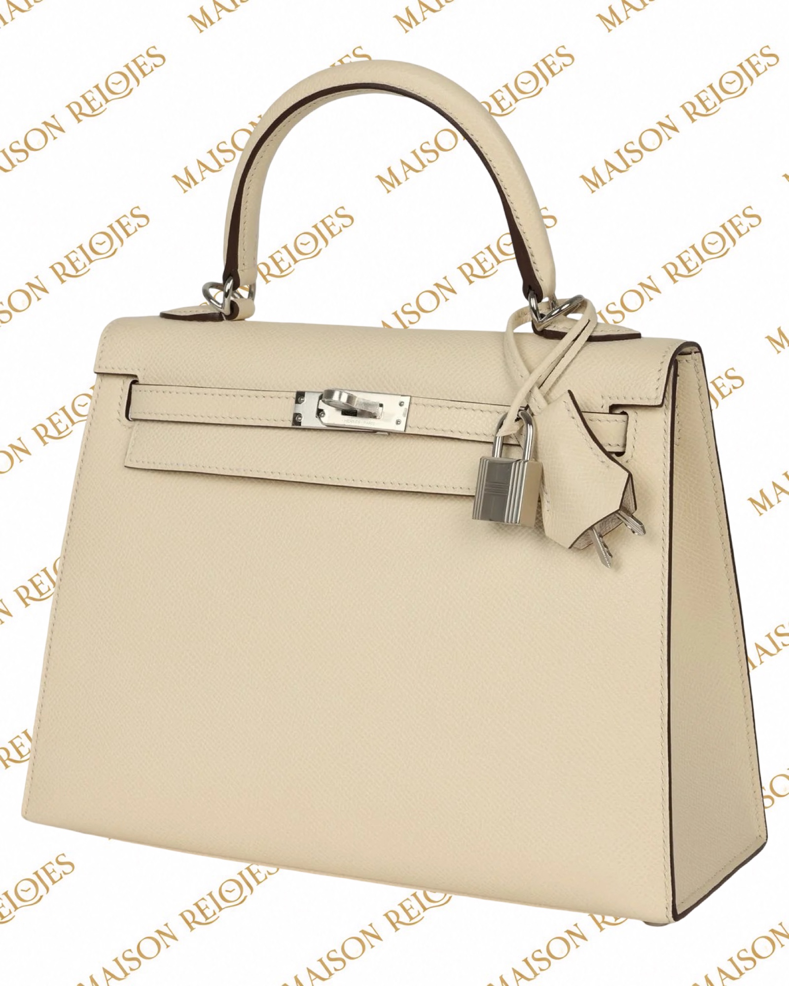 Hermès Kelly 28 Sellier Nata en piel Epsom con herrajes de paladio PHW — vista tres cuartos derecha