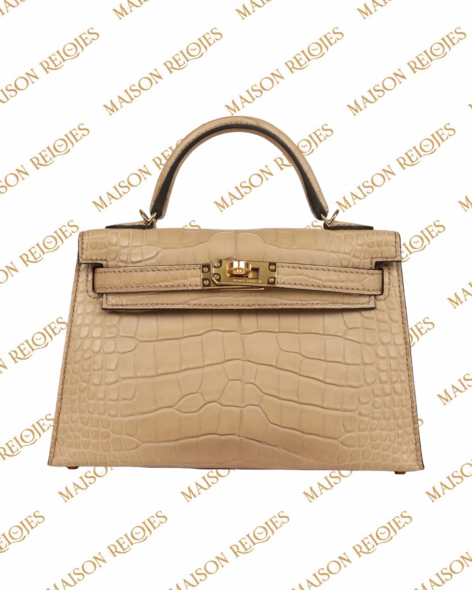 Hermès Kelly 20 Sellier · Chai · Aligátor mate · GHW — vista frontal