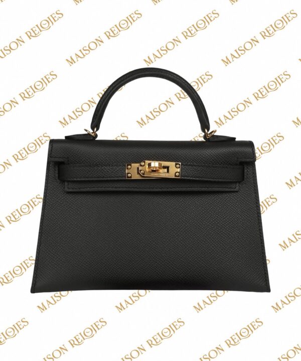 Hermès Mini Kelly 20 Sellier Black en piel Epsom con herrajes dorados GHW — vista frontal