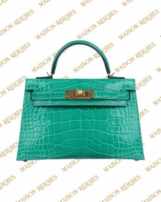 Hermès Mini Kelly 20 Sellier Vert Jade en aligátor brillante con herrajes dorados GHW — detalle adicional