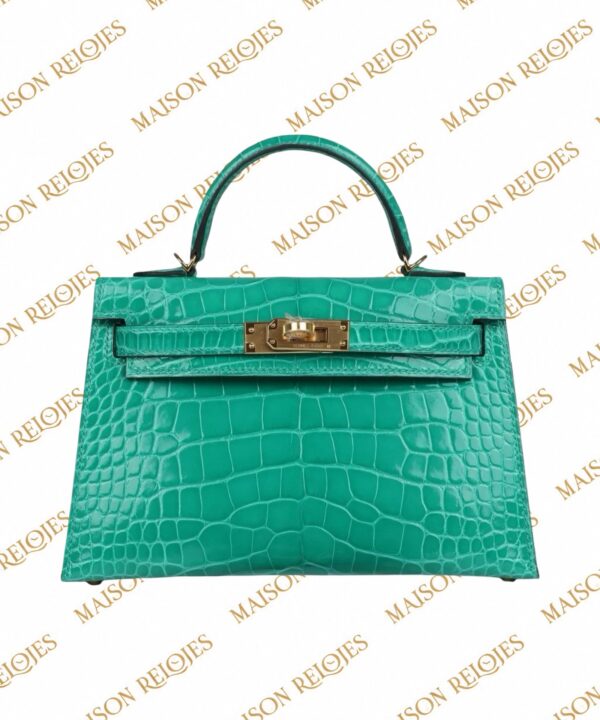 Hermès Mini Kelly 20 Sellier Vert Jade en aligátor brillante con herrajes dorados GHW — detalle adicional