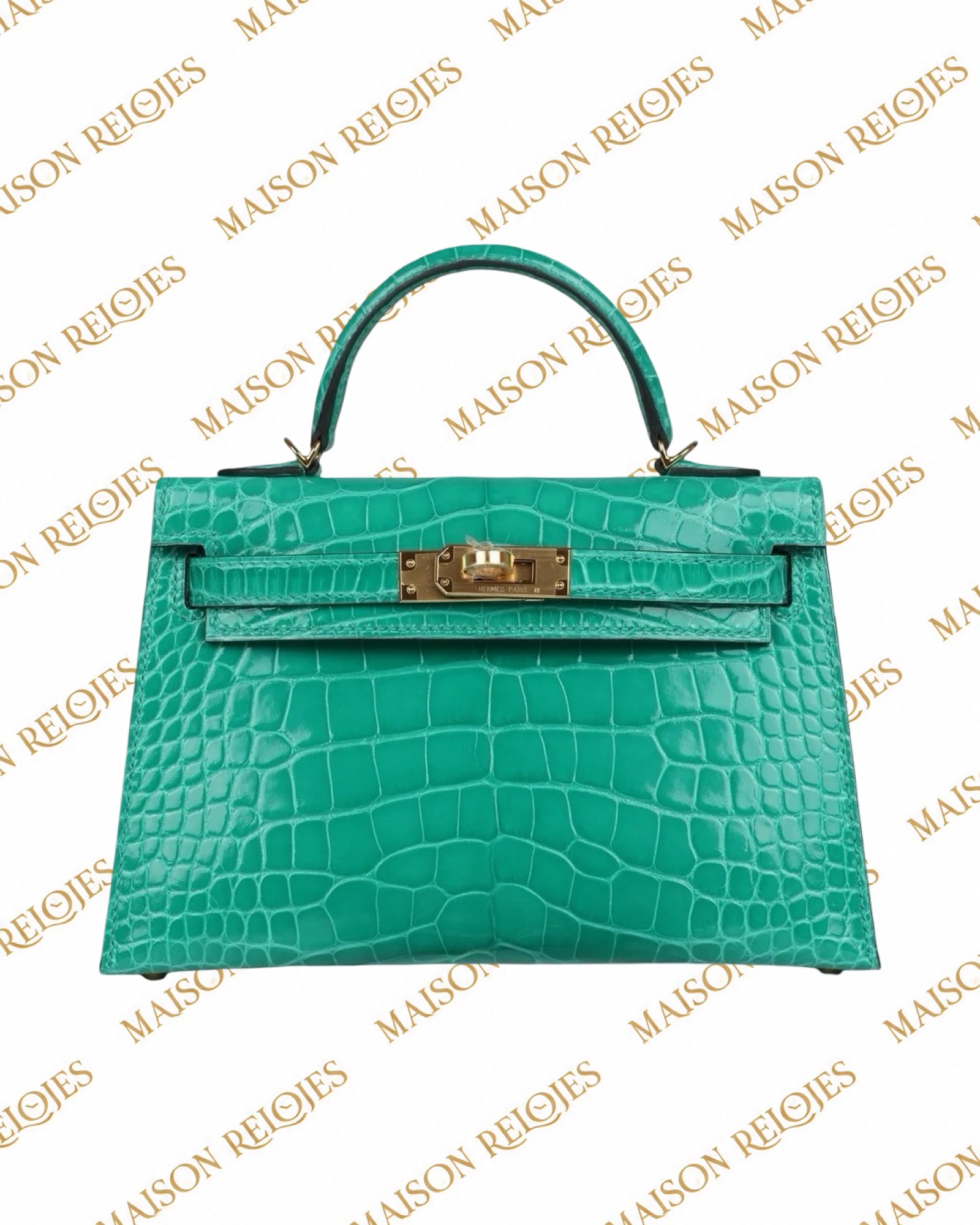 Hermès Mini Kelly 20 Sellier Vert Jade en aligátor brillante con herrajes dorados GHW — detalle adicional