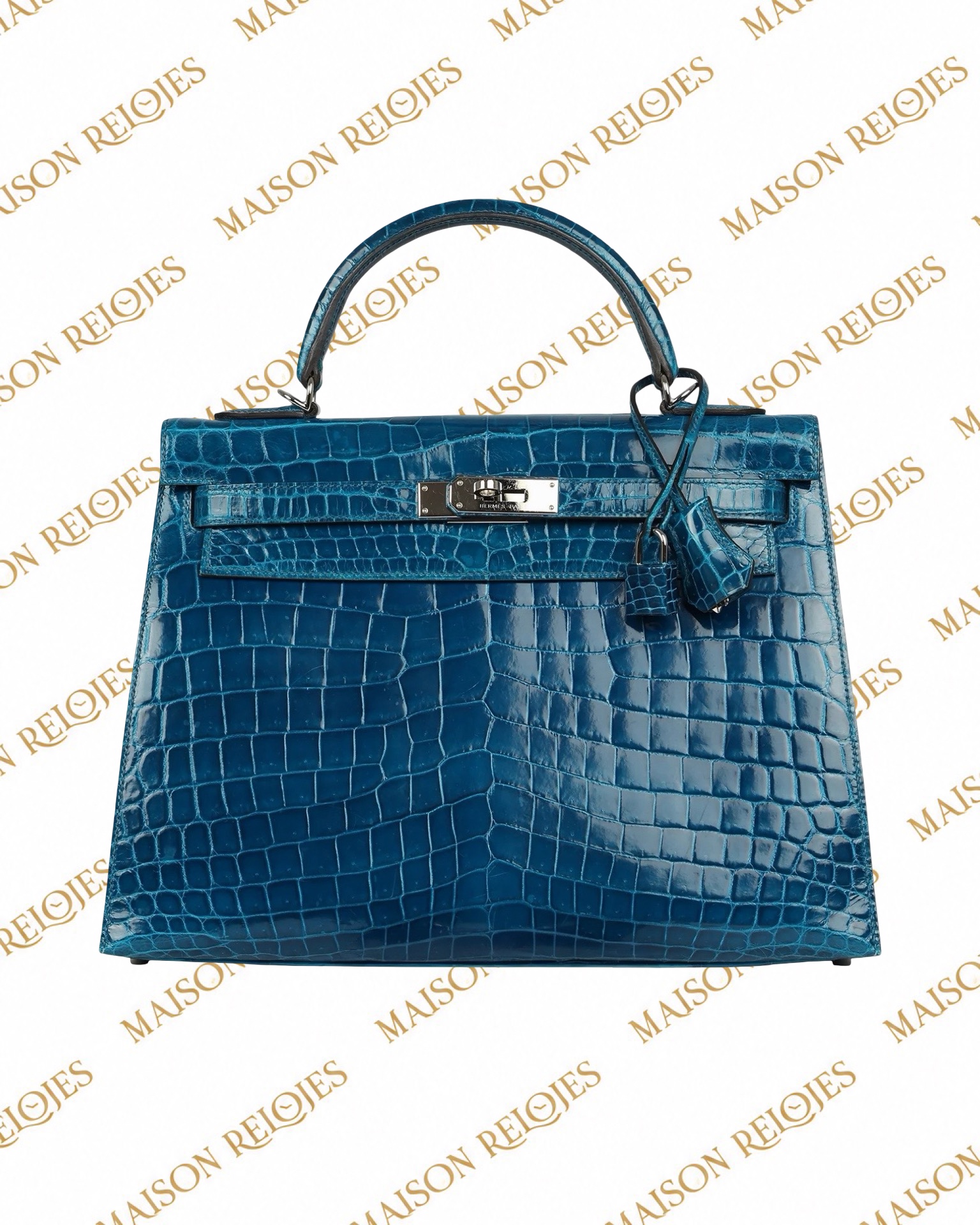 Hermès Kelly 32 Sellier Bleu Izmir en cocodrilo Niloticus brillante con herrajes de paladio PHW Pre-Owned — vista frontal