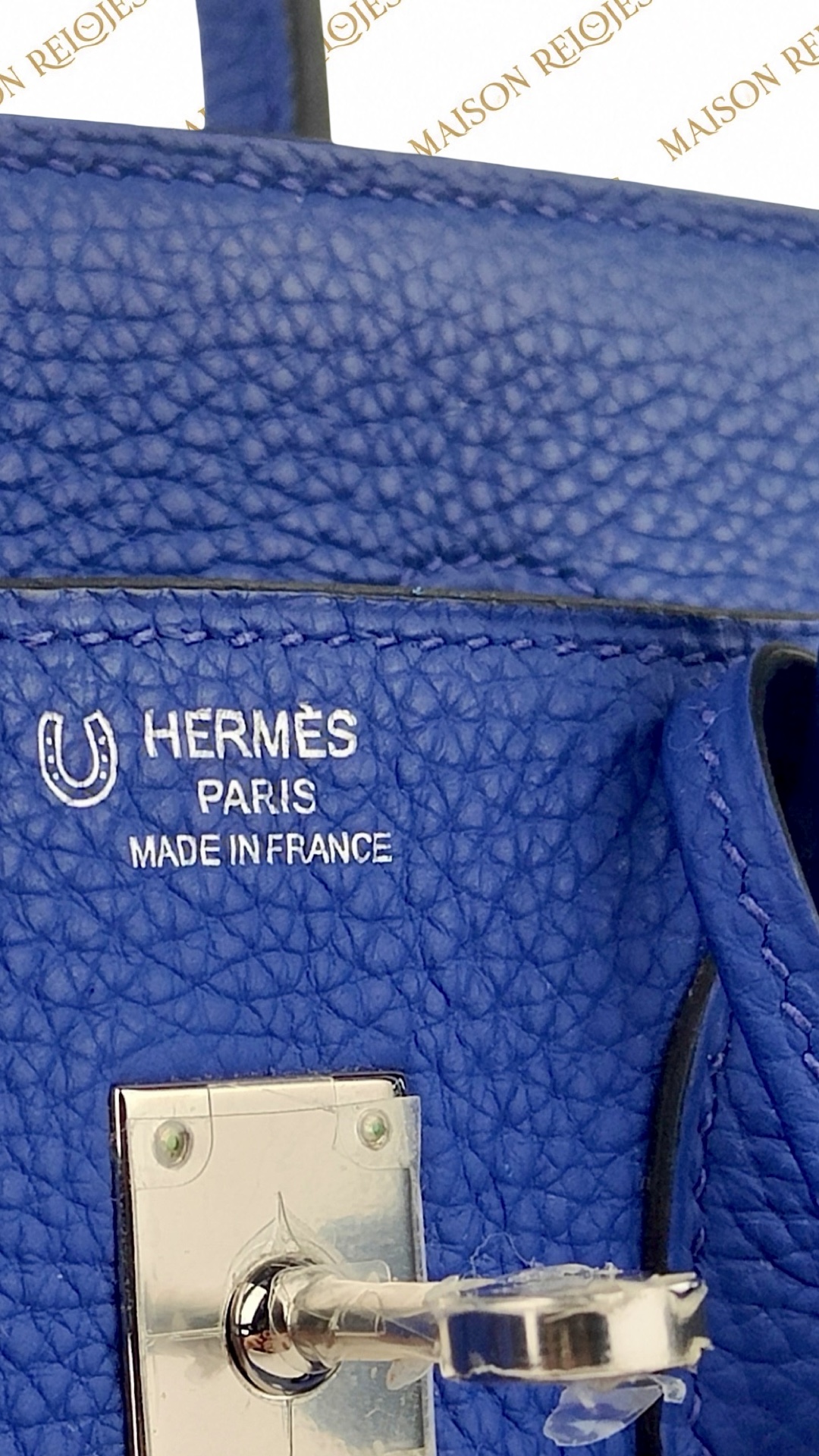 Detalle del sello Special Order del Hermès Birkin 25 Togo Blue Electric