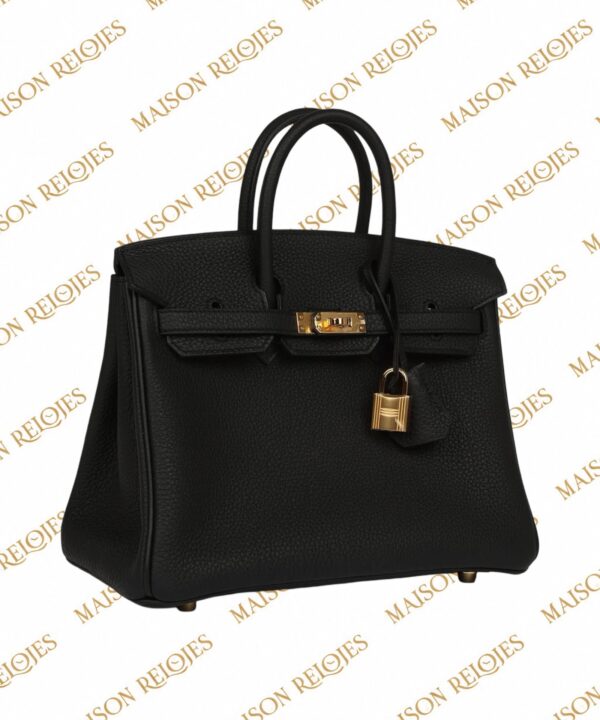 Hermès Birkin 25 Black en piel Togo con herrajes Dorados (GHW): vista en tres cuartos izquierda